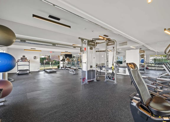 a gym with weights and cardio equipment in a building