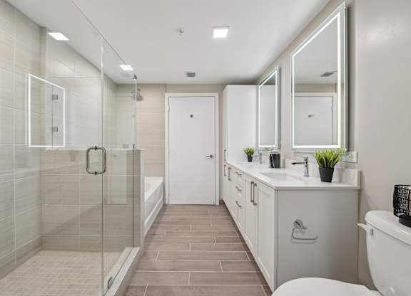 A modern bathroom with a walk-in shower and double sinks.