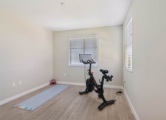 A room with a stationary bike and a yoga mat.