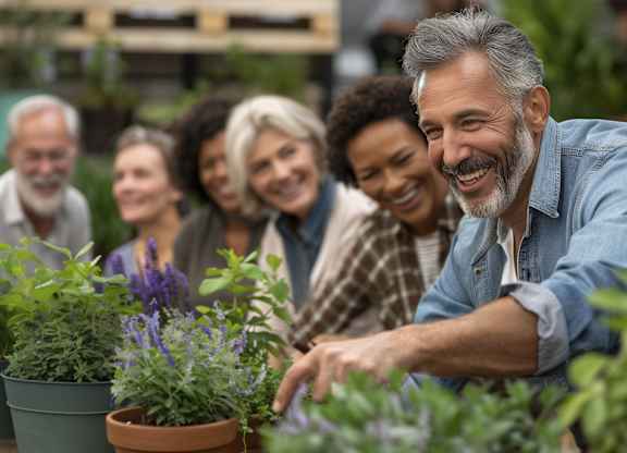 A group of people are gathered around a man who is tending to plants.