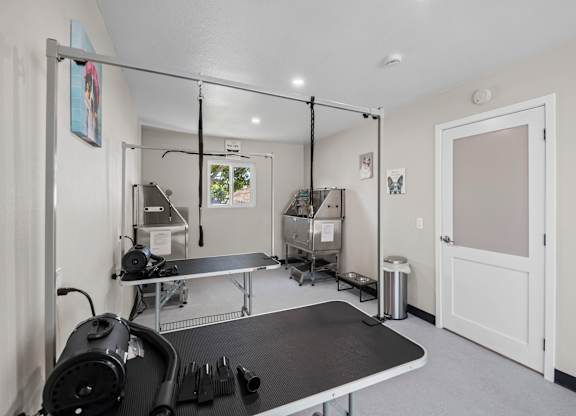 A room with a pilates reformer and other exercise equipment.