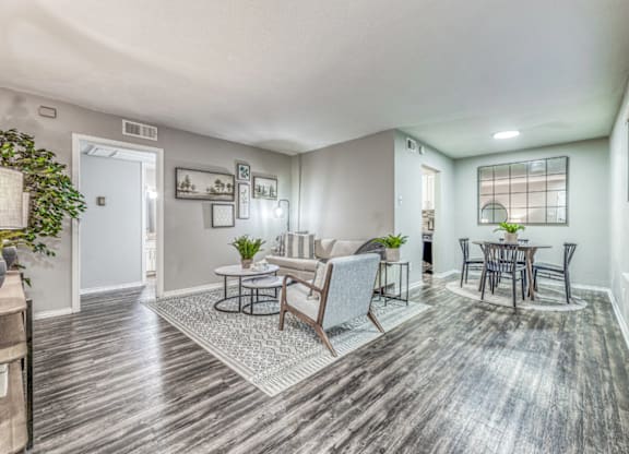 Open concept living and dining room at Northwood Heights Apartments, Dallas, TX 75248