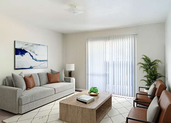 Modern living room with vertical blinds at Lumina Apartments, Dallas