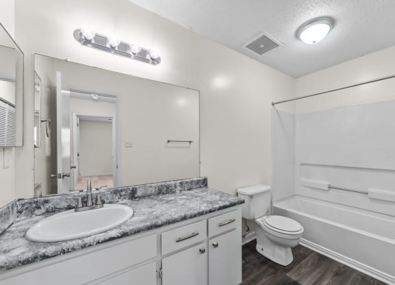 bathroom with quartz countertops and a shower at Rosewood at Colony Square, Rocky Mount