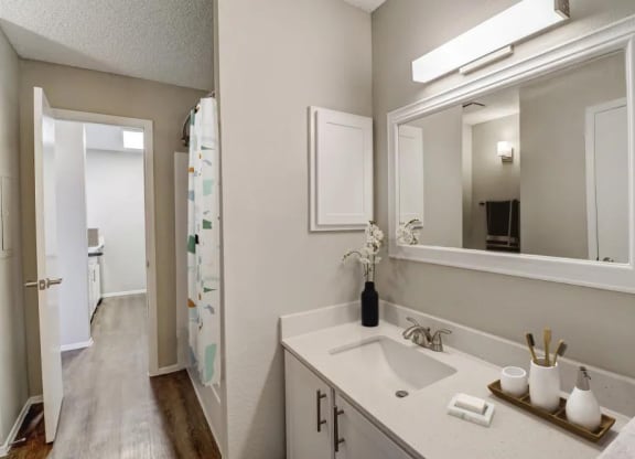an empty bathroom with a sink and a mirror