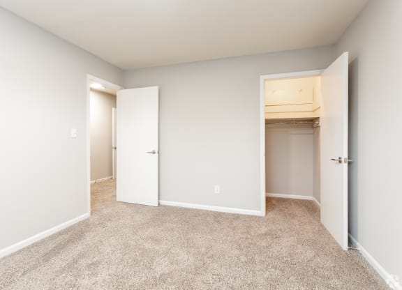 an empty bedroom with two closets and a carpeted floor