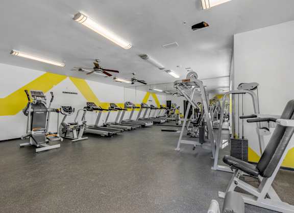 A gym with a variety of equipment including treadmills, weights, and a fan.