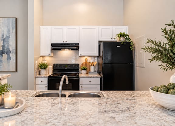 A kitchen with a black fridge, white cabinets, and a marble countertop.