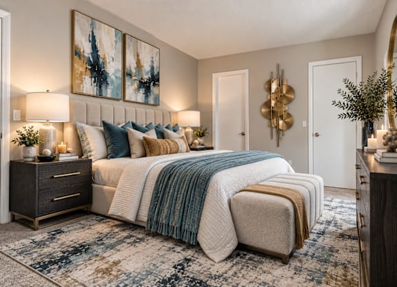 A bedroom with a large bed and a painting on the wall.