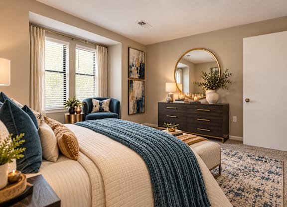 A bedroom with a large bed and a dresser with a mirror above it.