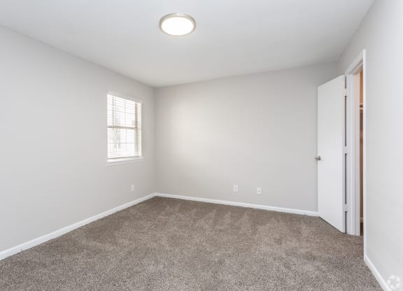 an empty bedroom with carpet and a door to a closet