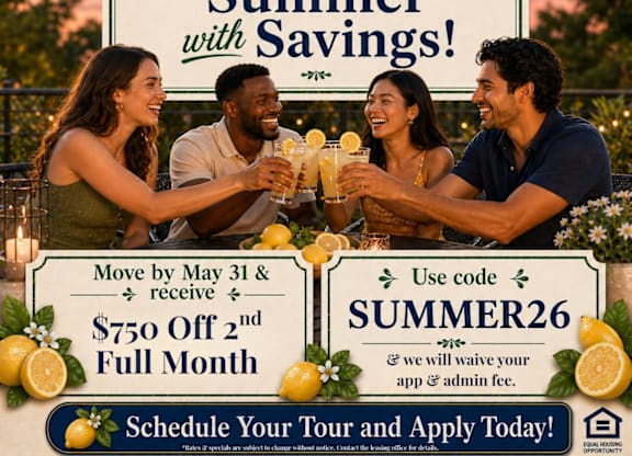 A promotional image for Leander Apartment Homes advertising a summer savings deal.
