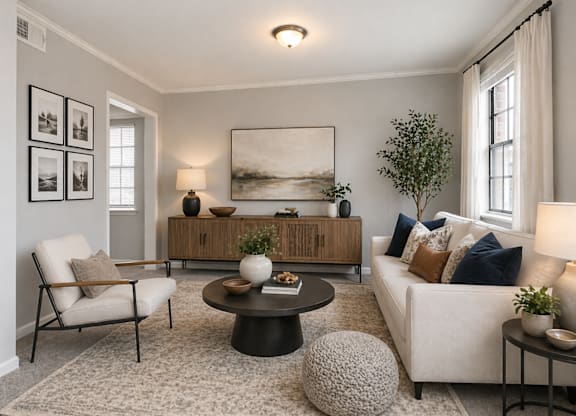 A living room with a white sofa, a wooden cabinet, a chair, a table, and a painting on the wall.