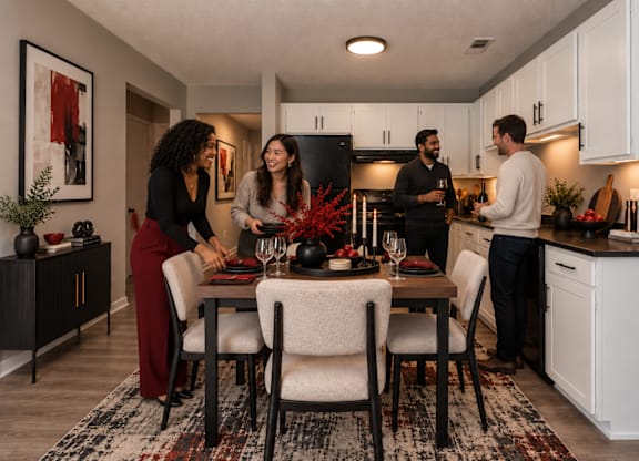 Four people are gathered around a table in a modern kitchen.