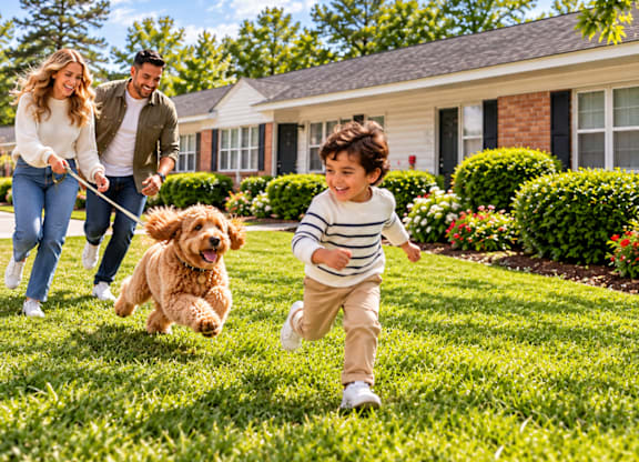 A family of three is playing with a dog in a well-maintained lawn.