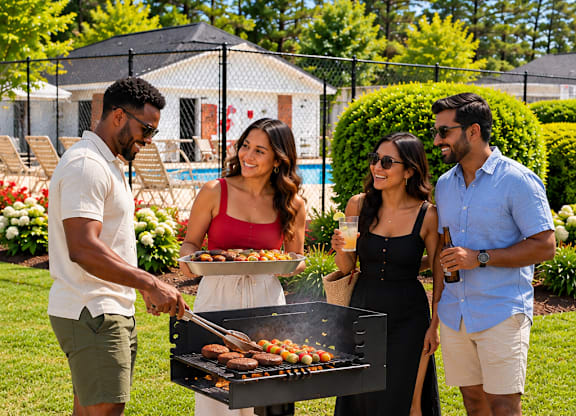 Four people are gathered around a grill in a backyard.