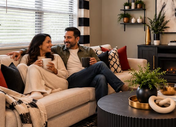 A man and woman are sitting on a couch with a cup in hand, in a living room with a ceiling fan and a fireplace.