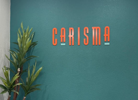 A plant in a black pot sits next to a bench in front of a wall with the word Carisma on it at Carisma in Richardson, TX