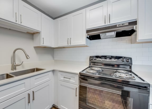 renovated kitchen with quartz countertops and stove at Cameron, North Carolina