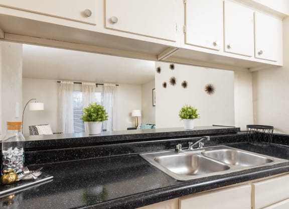 a kitchen counter with a sink and a mirror at Lumina, Dallas, Texas
