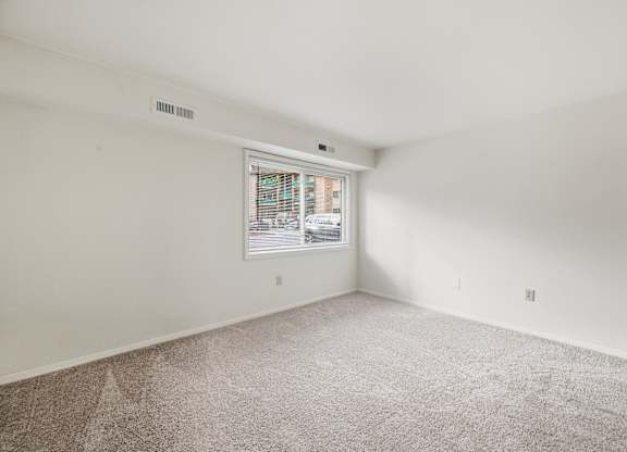 A room with a carpeted floor and a window showing a street view.