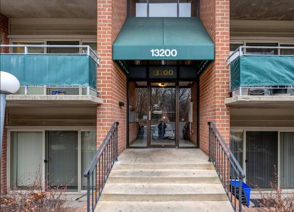 The entrance to a building with the number 13200 on it.