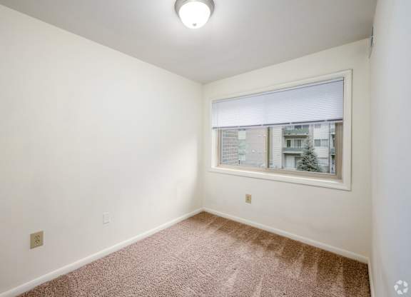 A room with a window and a carpet on the floor.