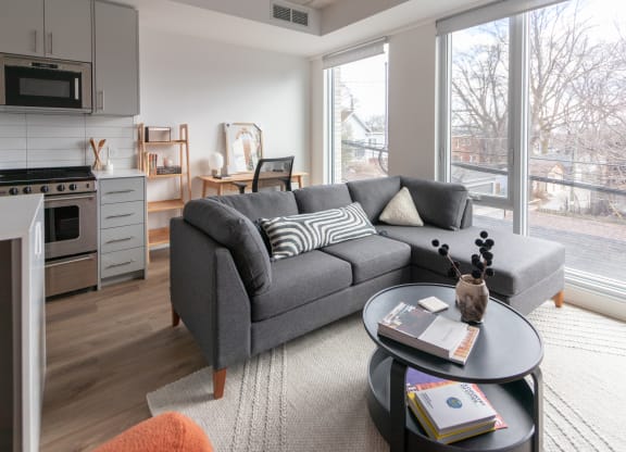 a living room with a gray couch and a coffee table
