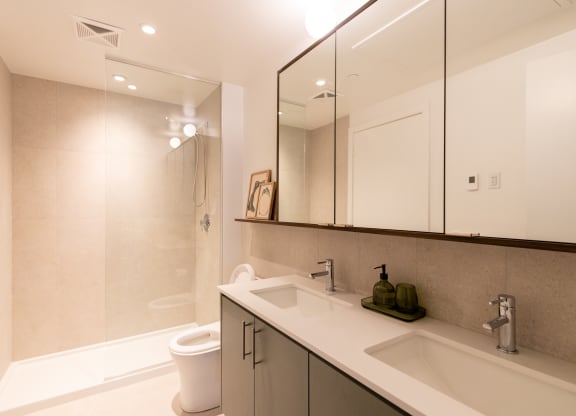 a bathroom with a sink and a toilet and a shower