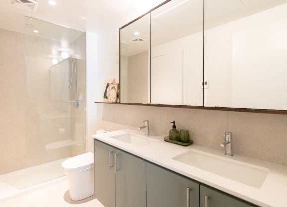 a bathroom with a sink and a toilet and a shower