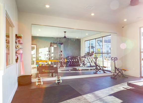 A gym with a mirror, treadmill, and exercise bikes.