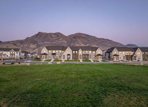 A row of houses with a mountain in the background.