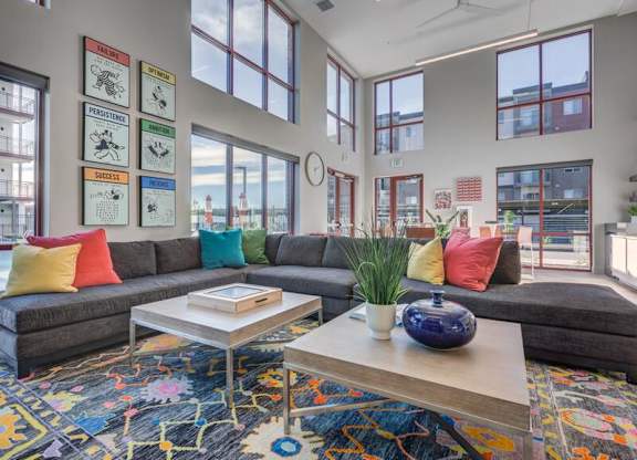 A living room with a grey couch, a coffee table, and a colorful rug.