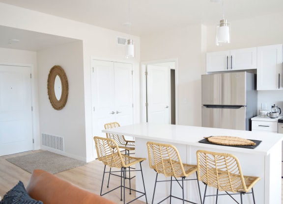 a view of the kitchen and living room from the living room