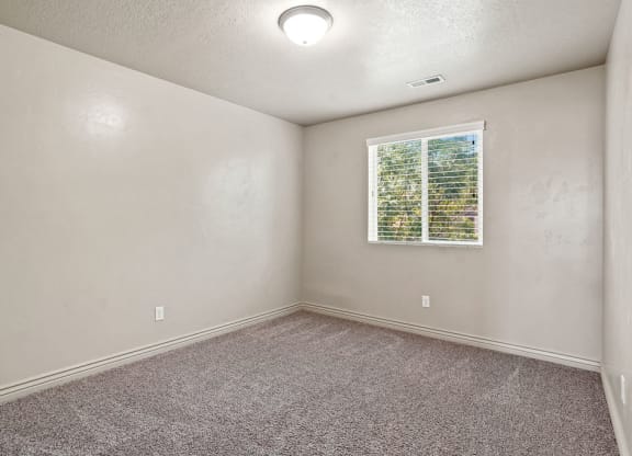 an empty room with carpet and a window