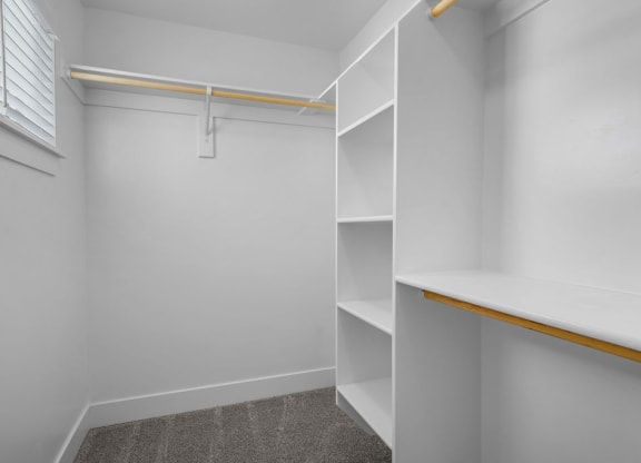 a walk in closet with white shelves and a window