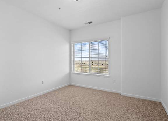 A room with a window and carpeted floor.