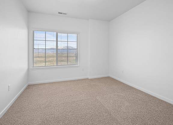A room with a carpeted floor and a window overlooking a field.
