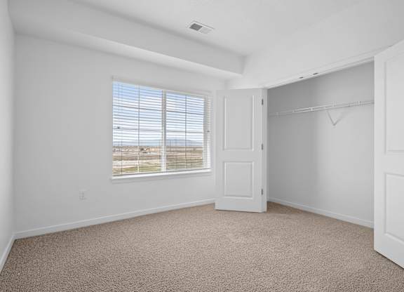 A room with a carpeted floor, a window with blinds, and a white door.