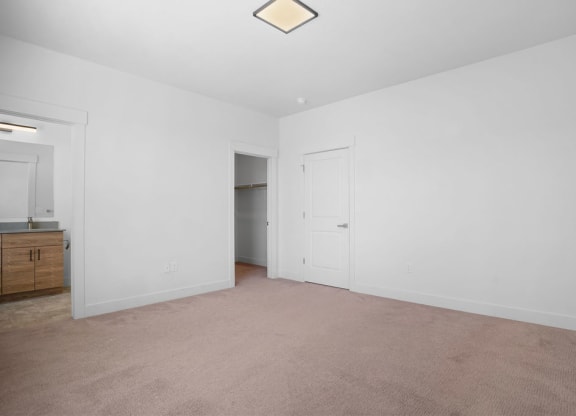 an empty living room with white walls and a door to a closet