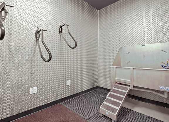 A bathroom with a shower, a sink, and a step ladder.