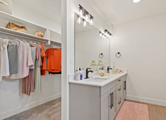 a bathroom with a sink and a mirror and a closet