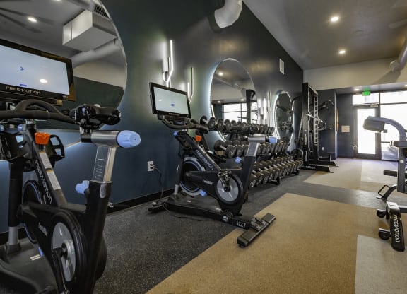 a gym with various exercise bikes and weights