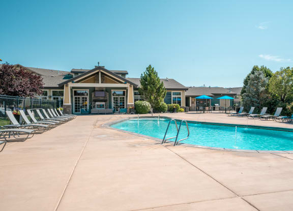 our resort style swimming pool is in front of our apartments at the preserve at green at Aldara Apartments in Saratoga Springs, Utah