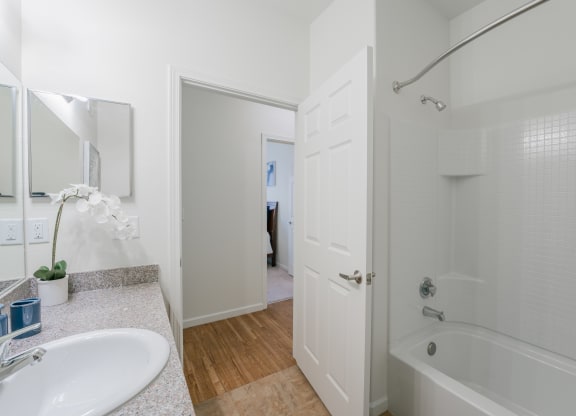 a bathroom with a tub and a sink and a mirror at Aldara Apartments in Saratoga Springs, Utah