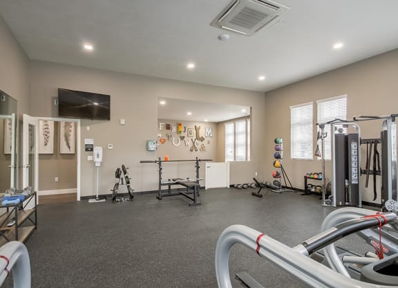 our apartments have a gym with equipment and a flat screen tv