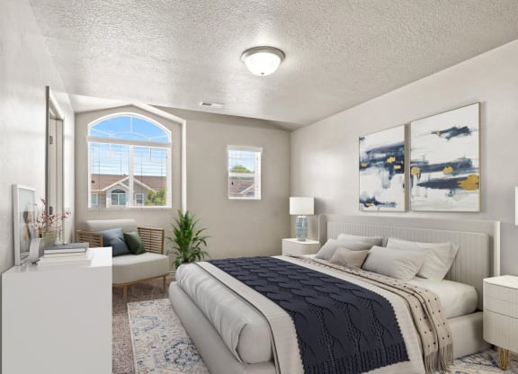 an open bedroom with a bed and a window