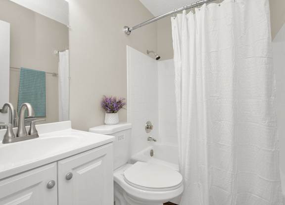 A white bathroom with a toilet, sink, and shower.