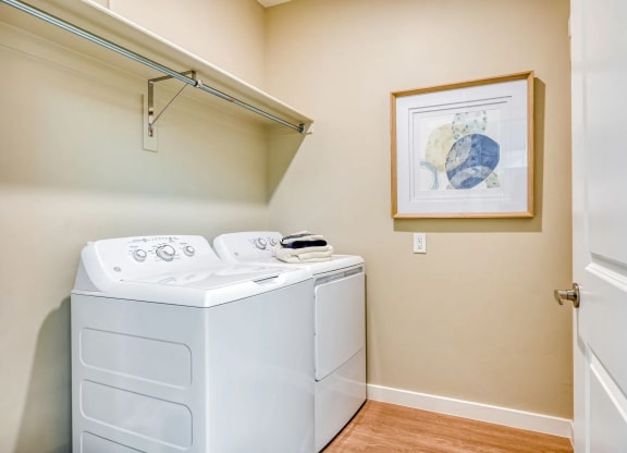 a washer and dryer in a spacious laundry room with a painting on the wall at Brookfield Apartments in St. George, UT.