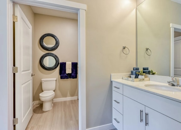 a bright and modern bathroom with a toilet and a sink and a mirror at Brookfield Apartments for rent in St. George, UT.